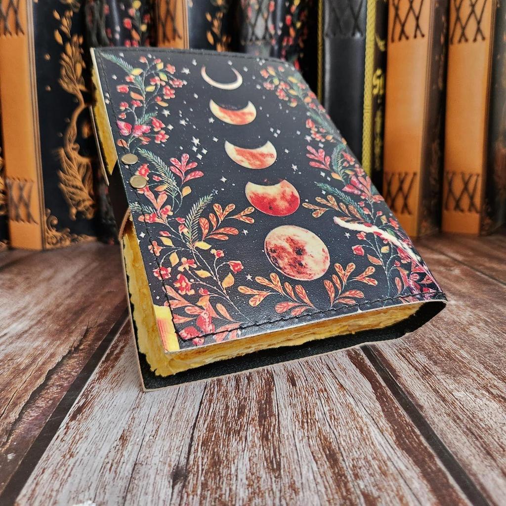 Vintage Flower Moon Eclipse Leather Dairy Notebook Sketchbook Leather Journal 200 Deckle Edge Pages