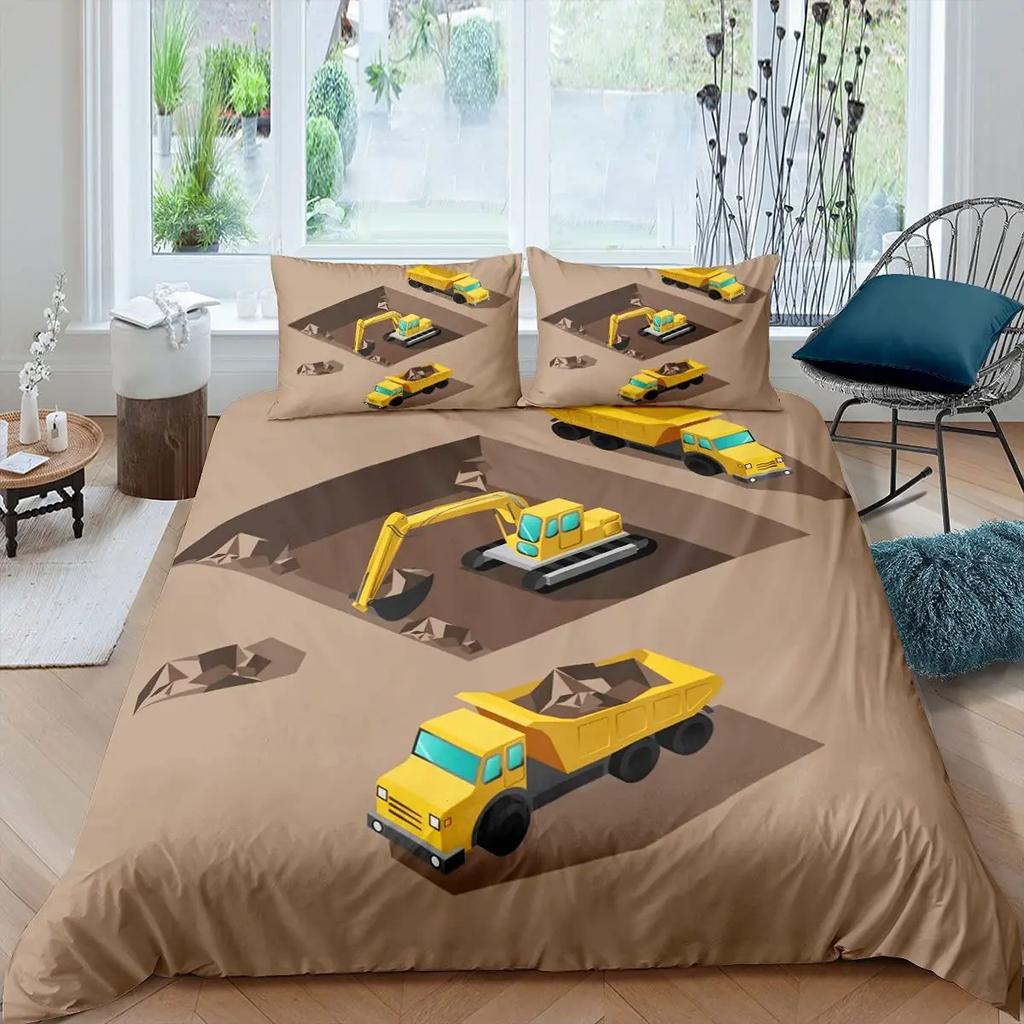 Cartoon Tractor Trucks King Queen Duvet Cover Construction Vehicle Bedding Set Excavator Quilt Cover Polyester Comforter Cover
