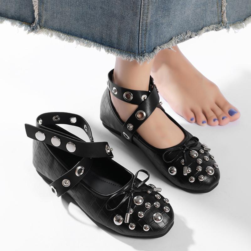 2026 Rivet Bow Decoration Ballet Flats Women Punk Style Soft Leather Strap Mary Jane Shoes for Women Cozy Dance Casual Shoes