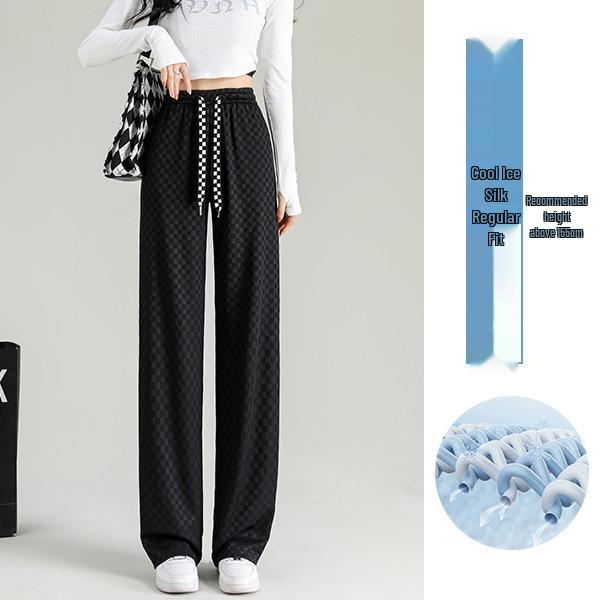 Checkered Ice Silk Wide-Leg Pants for Women, Summer 2025: High-Waist, Floor-Length, Casual Petite Straight-Leg Design