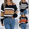 Casual Color Block Autumn Winter Striped Lantern Sleeve Cold Shoulder Metal Buckle Women's Fashion Pullover Sweater