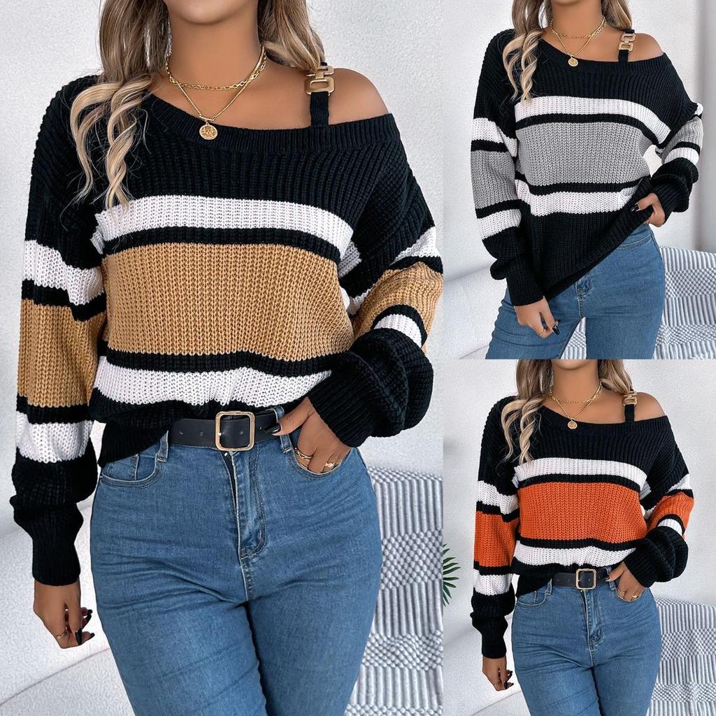 Casual Color Block Autumn Winter Striped Lantern Sleeve Cold Shoulder Metal Buckle Women's Fashion Pullover Sweater