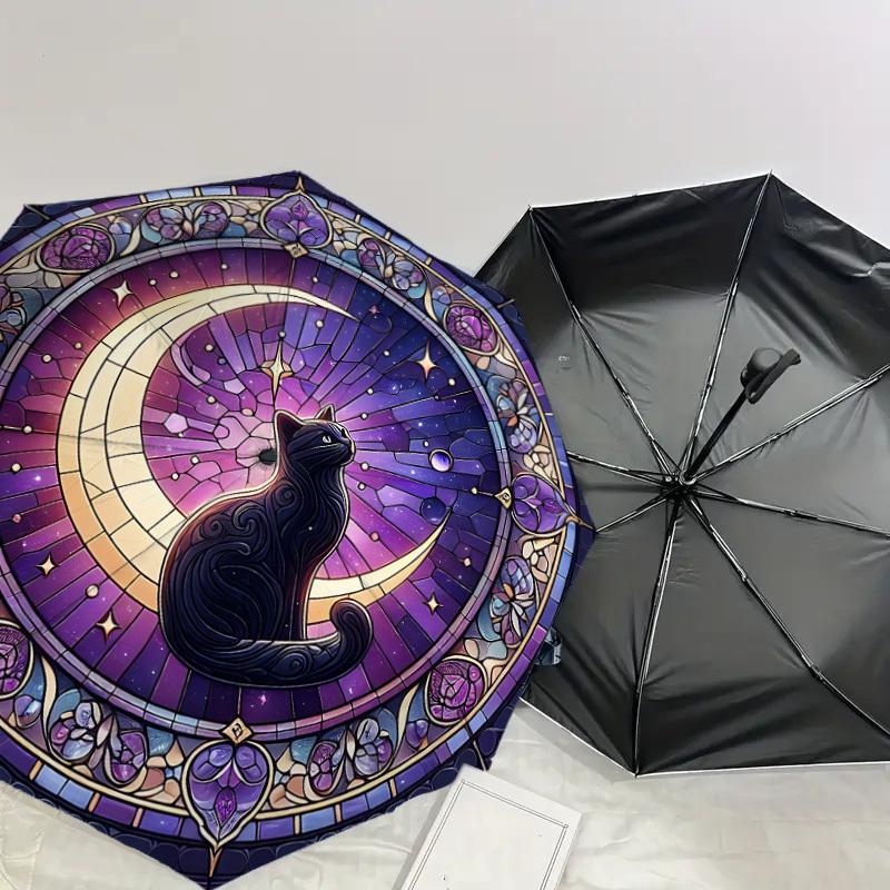 1PC stained glass window moon cat Umbrella-8-Rib Reinforced, Automatic Open, Lightweight & Durable, Cute Fashion Accessory for Outdoor-W9235