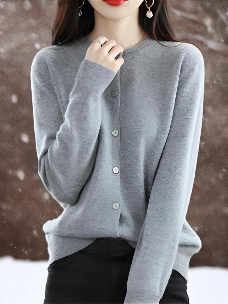 Knitted cardigan, round neck sweater, women's long-sleeved solid color all-match jacket, women's clothing