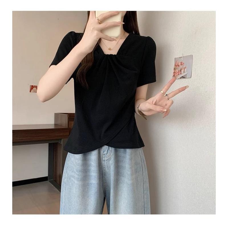 Summer New Temperament V-neck Short-sleeved T-shirt Women's Slim Casual and Versatile Top