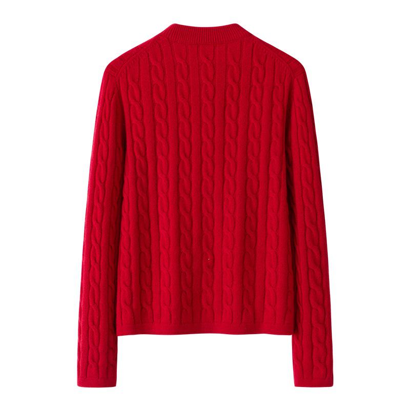 100% Pure Cashmere Red Cable Knit Cardigan - Round Neck, Thick Retro Chinese Style Sweater Coat for Mom.