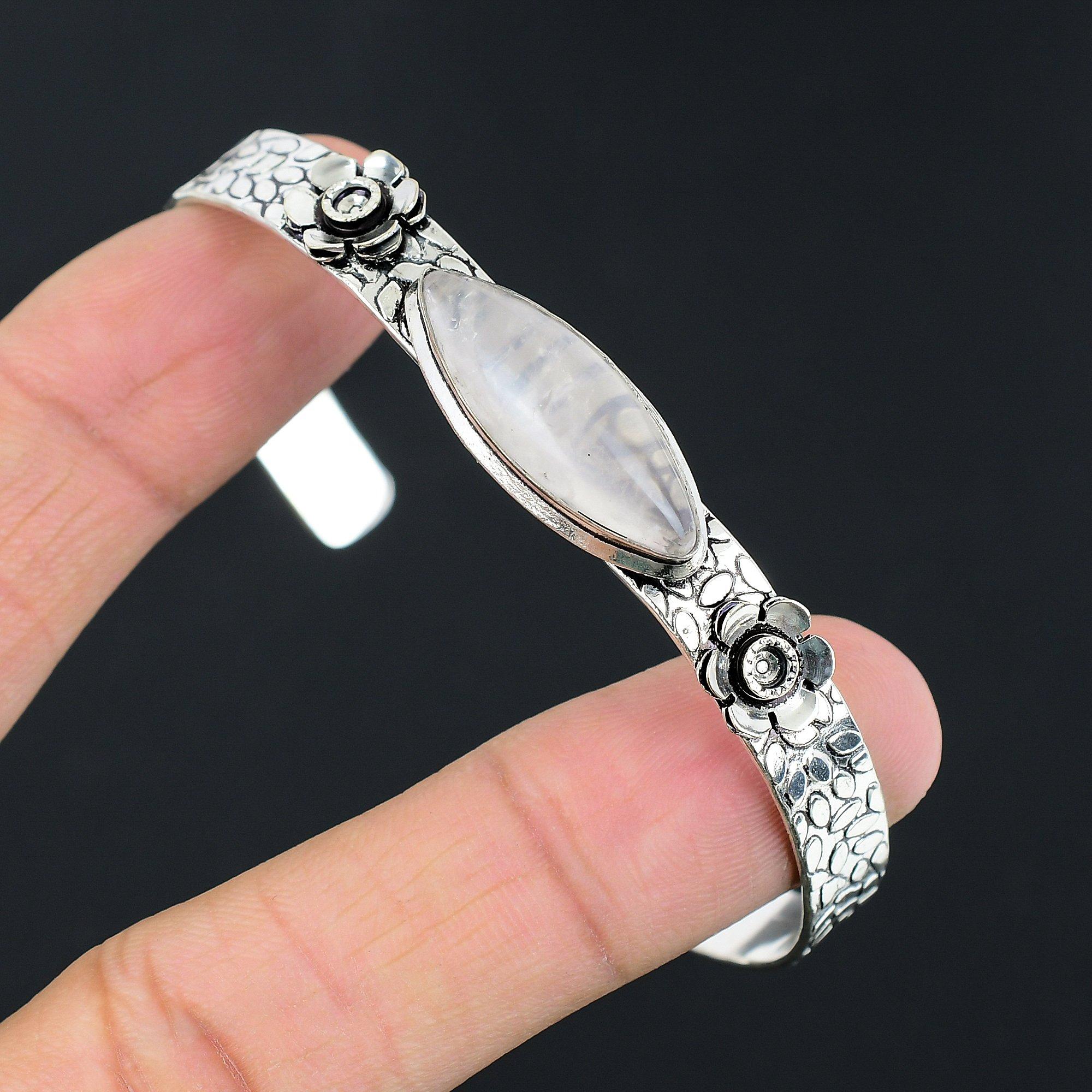 

Daughters Day Sale 925 Silver Rose Quartz Gemstone Flower Boho Bangle Jewelry Adjustable