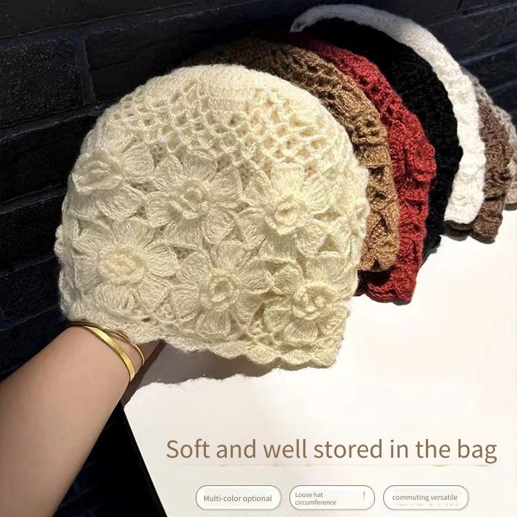Double Layer Handmade Pullover Hook Flower Hat, Autumn and Winter Flower Knitted Yarn Hat, Warm Hollow Stacking Hat