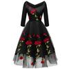 Rotes Rose Besticktes Midi-Ballkleid für Damen Hochzeitsgast Brautjungfer Cocktail-Abendparty Netz Tüll 3/4 Ärmel Formelles Anlass Outfit