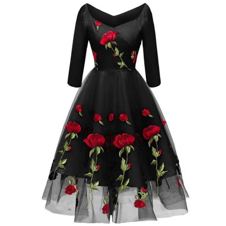 Rotes Rose Besticktes Midi-Ballkleid für Damen Hochzeitsgast Brautjungfer Cocktail-Abendparty Netz Tüll 3/4 Ärmel Formelles Anlass Outfit