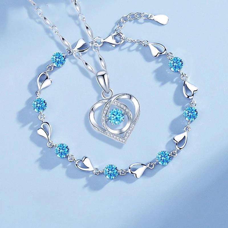925 Silver Heart Shaped Necklace Bracelet Set for Women Vintage Korean Blue Crystal Bracelets Jewelry Set Party Jewelry