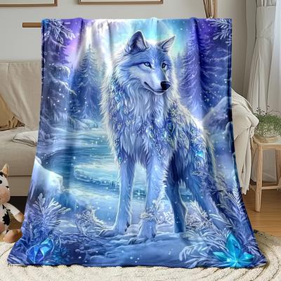 Custom Wolf Blanket Winter Moon Forest Design Personalized Name Fleece Throw All Season Soft Warm Bedding Home Decor Gift