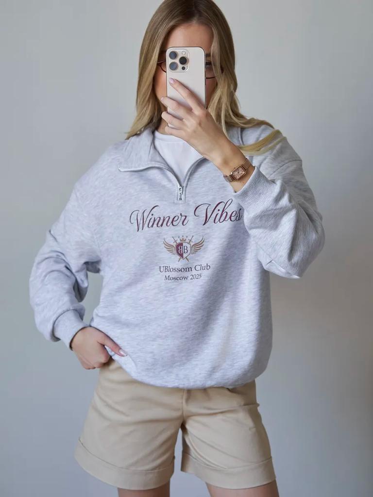 Women's Half Zip Turn Down Collar Sweatshirt Oversize Loose Fit Letter Wing Print Fleece Lined Pullover Top