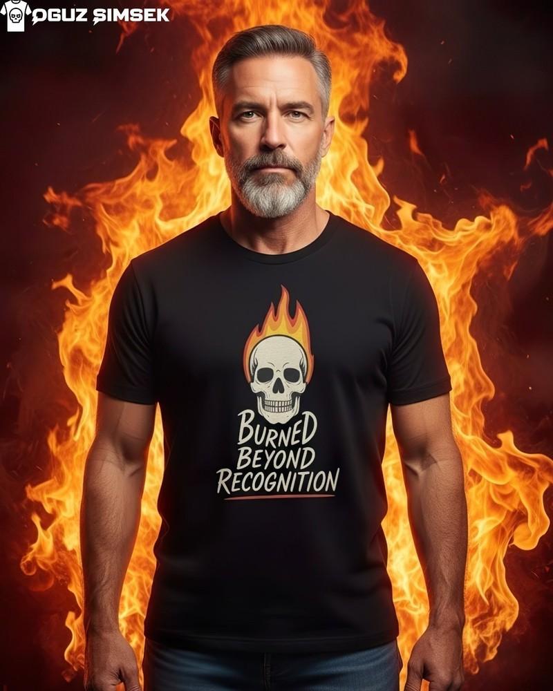 

Burned Beyond Recognition T-Shirt | Flaming Skull Graphic Tee Funny Dark Humor S