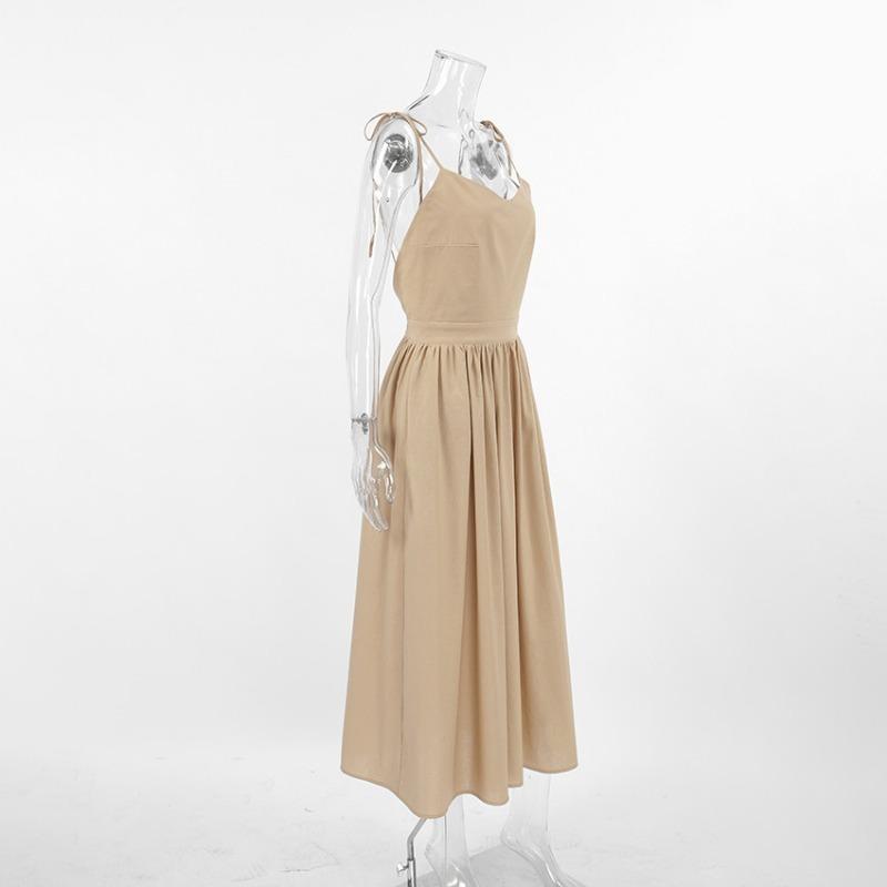French Khaki Cotton Linen Breathable Halter High Waisted Dress Holiday Style Long Skirt Woman