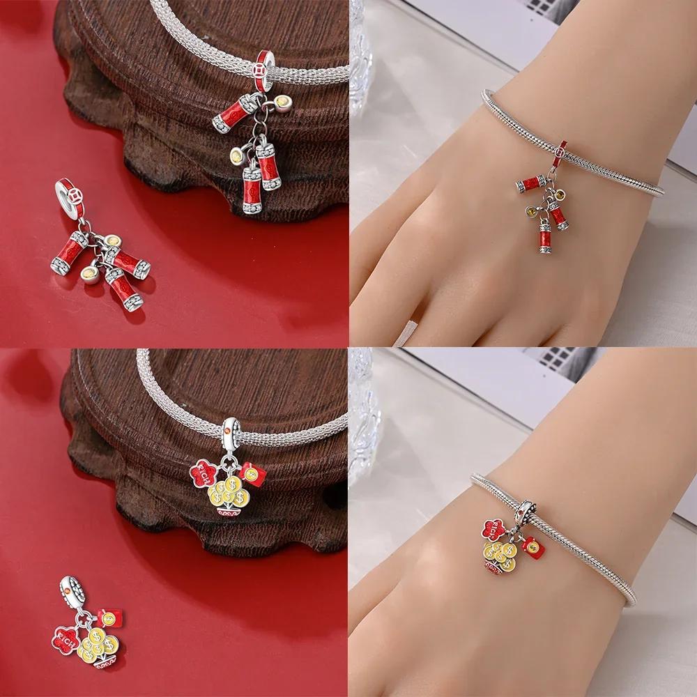 Original Copper Red New Year God Wealth Firecracker Pendant Gold Coin Beads Fit Bracelet Women Diy Gift Accessory