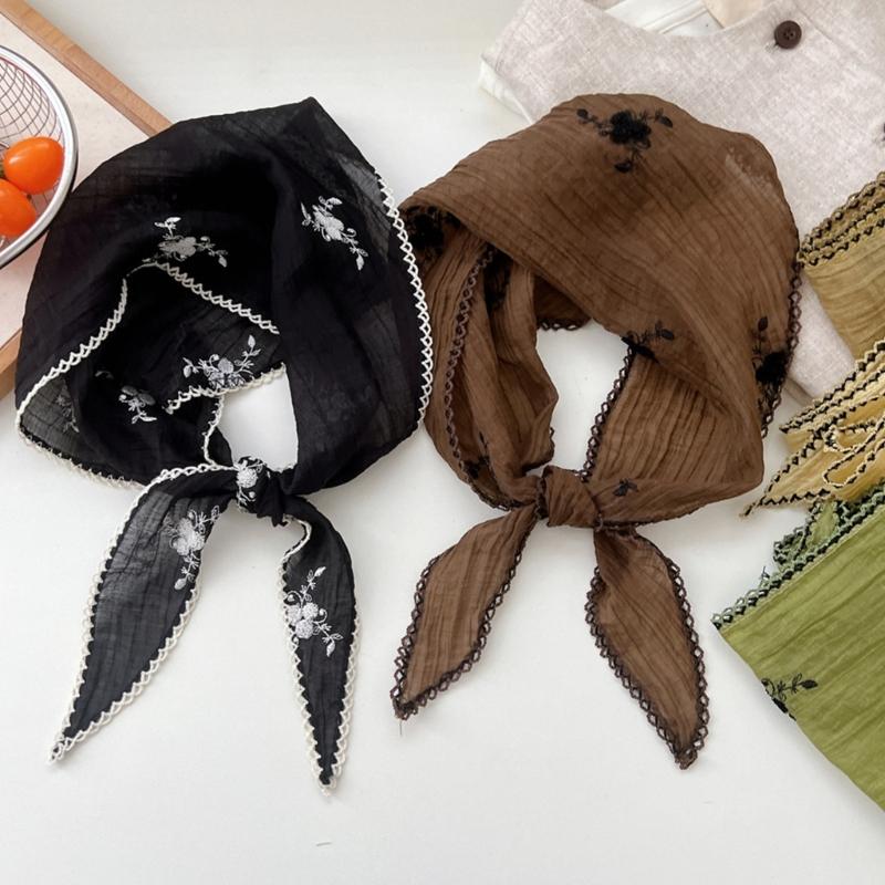 Elegant Embroidered Triangular Scarf Headwear Lightweight Silk Like Polyester Fabric Headscarf for Travel Daily Commute