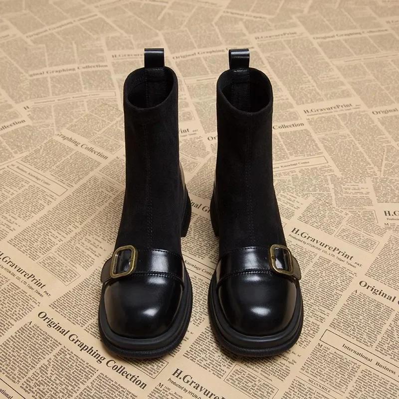 Winter 2024 Neue Damen Stiefeletten Mode Runde Zehenpartie Damen Baumwolle Kurze Stiefeletten Elegant Quadratischer Flacher Absatz Damen Schuhe