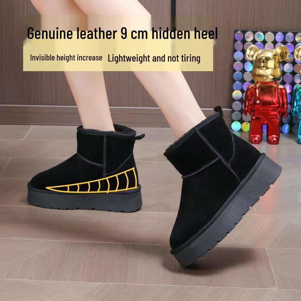Women's Korean Style Thick Sole Hidden Heel Snow Boots: Genuine Leather, Fleece-Lined, Warm Ankle Boot for Versatile Winter Wear.