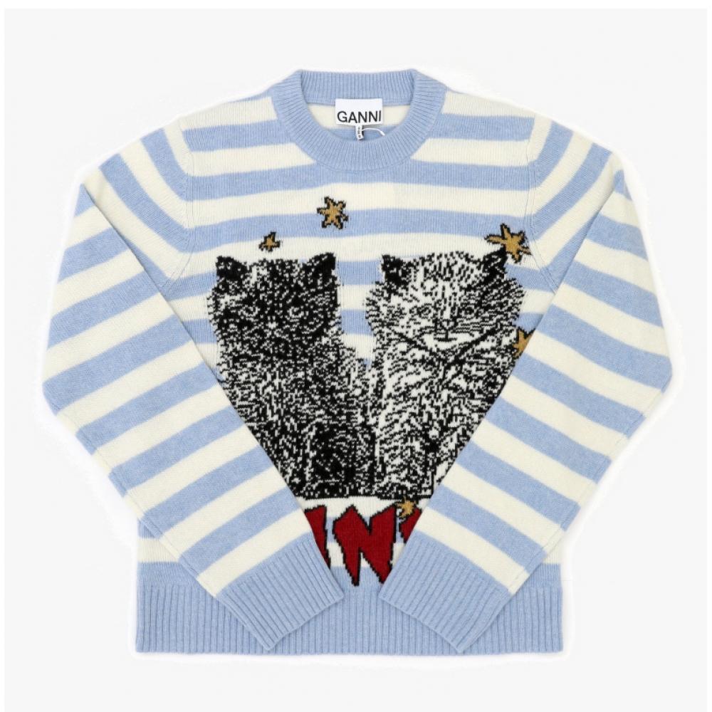 Ganni K2369 628 Cat Graphic Logo Wool Mix Stripe Women S Knit