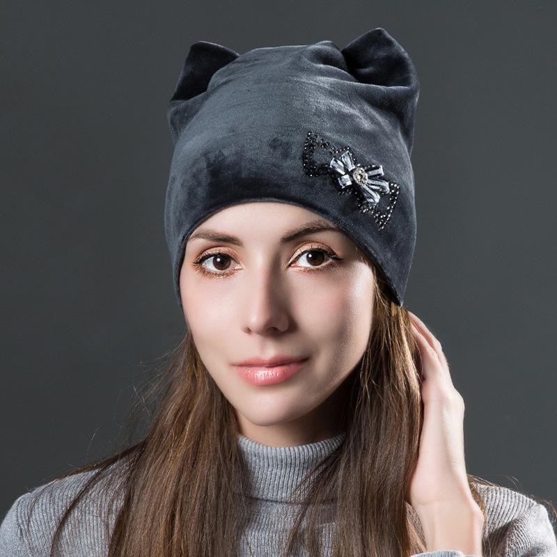 Inverno feminino veludo dourado pulôver orelha de gato quente bonito flor diamante dupla camada chapéu de malha