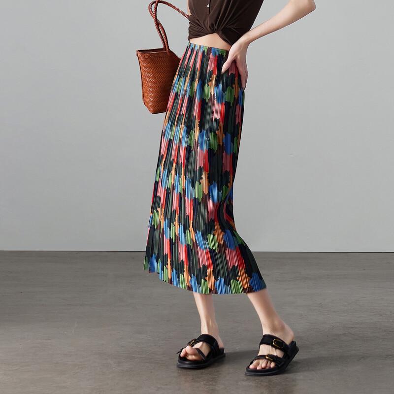 SOFSIL 2026 Summer Art Print Pleated Mid-Length Skirt