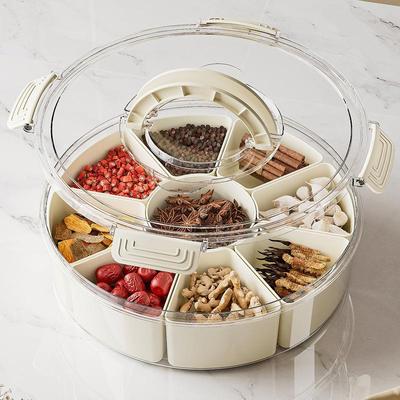 Caixa de Armazenamento de Especiarias com 9 Compartimentos e Alça, Bandeja Multiuso para Frutas Secas, Organizador de Geladeira, Recipiente Hermético para Conservação Fresca