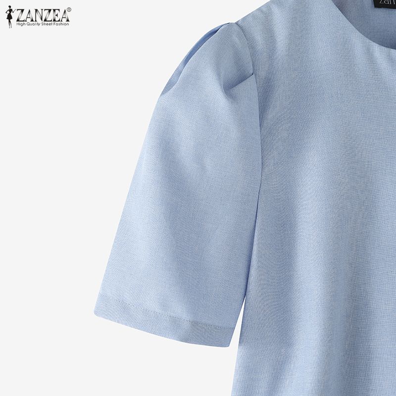ZANZEA Women Casual Round Neck Solid Color Short Sleeve Cropped Blouse