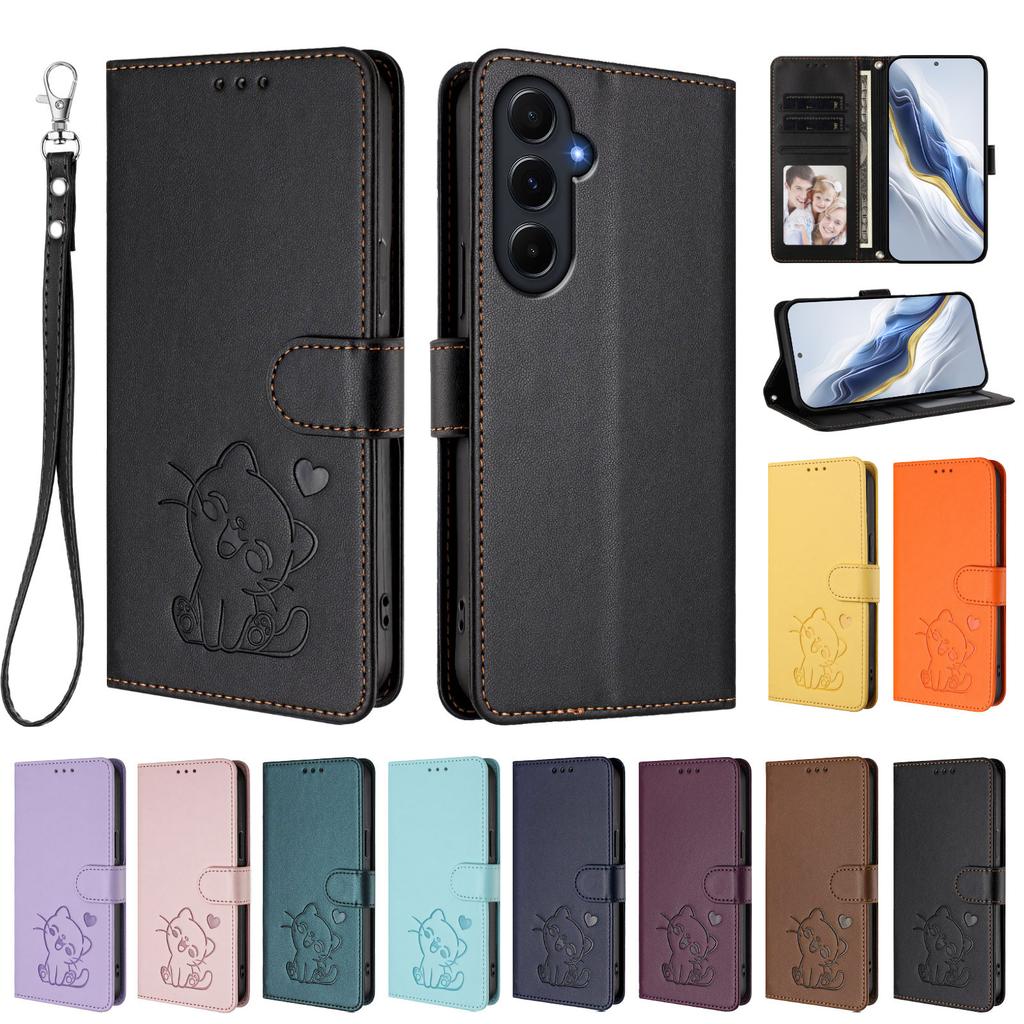 Für Samsung Galaxy A55 5G Brieftasche Hülle mit Handschlaufe Love Cat Muster Prägung Leder Handyhülle