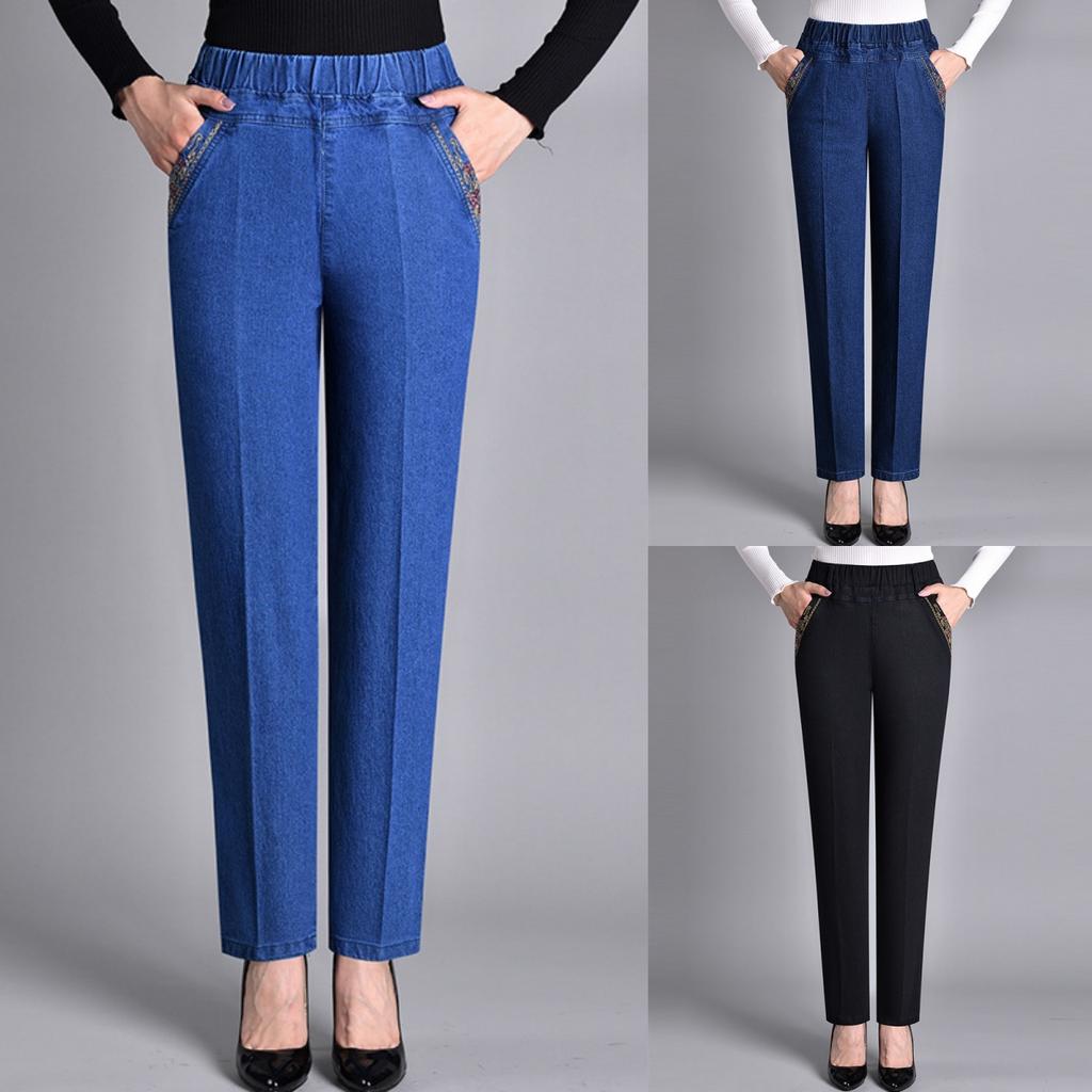Jarní a podzimní džíny Dámské Volný Elastický Pas Strečový Matka Neformální Vysoký Pas Středně a starší Plus Sametově tmavé Dámské kalhoty