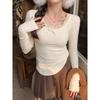 Women's Lace Bow Fleece-Lined Slim Long-Sleeve U-Neck Thermal Top