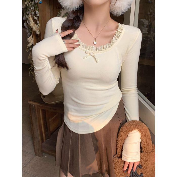 

Women s Lace Bow Fleece-Lined Slim Long-Sleeve U-Neck Thermal Top Small