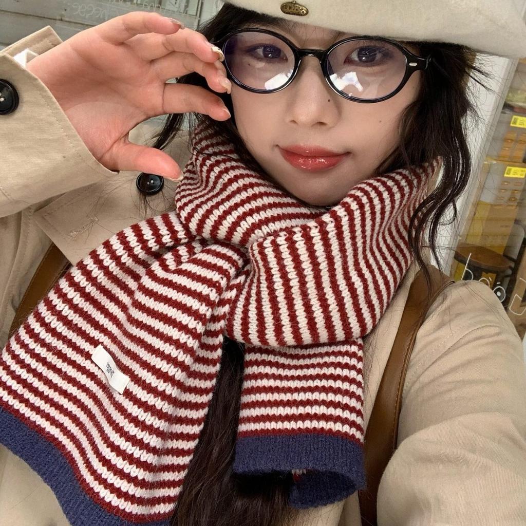 College Style! Grandma Chen Striped Knitted Scarf Women's Contrasting Color Splicing Versatile Warm Student Wool Scarf