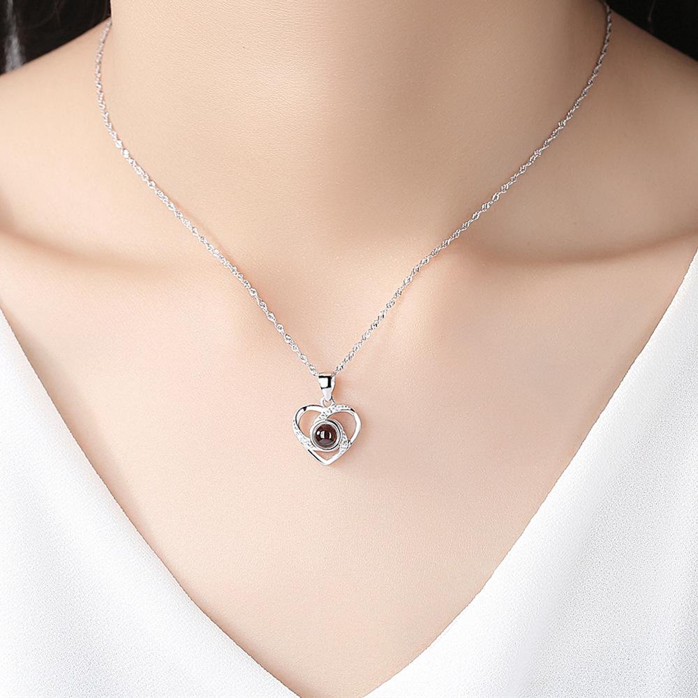 S925 Silver Peach Heart Projection Necklace 'I Love You' in 100 Languages