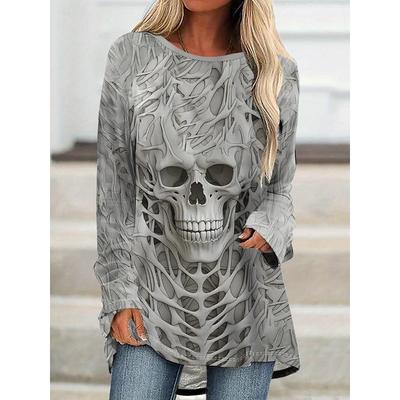 Camiseta Feminina Estampada com Padrão de Caveira Gola Redonda Manga Longa Moda Casual Blusa Moletom Roupa