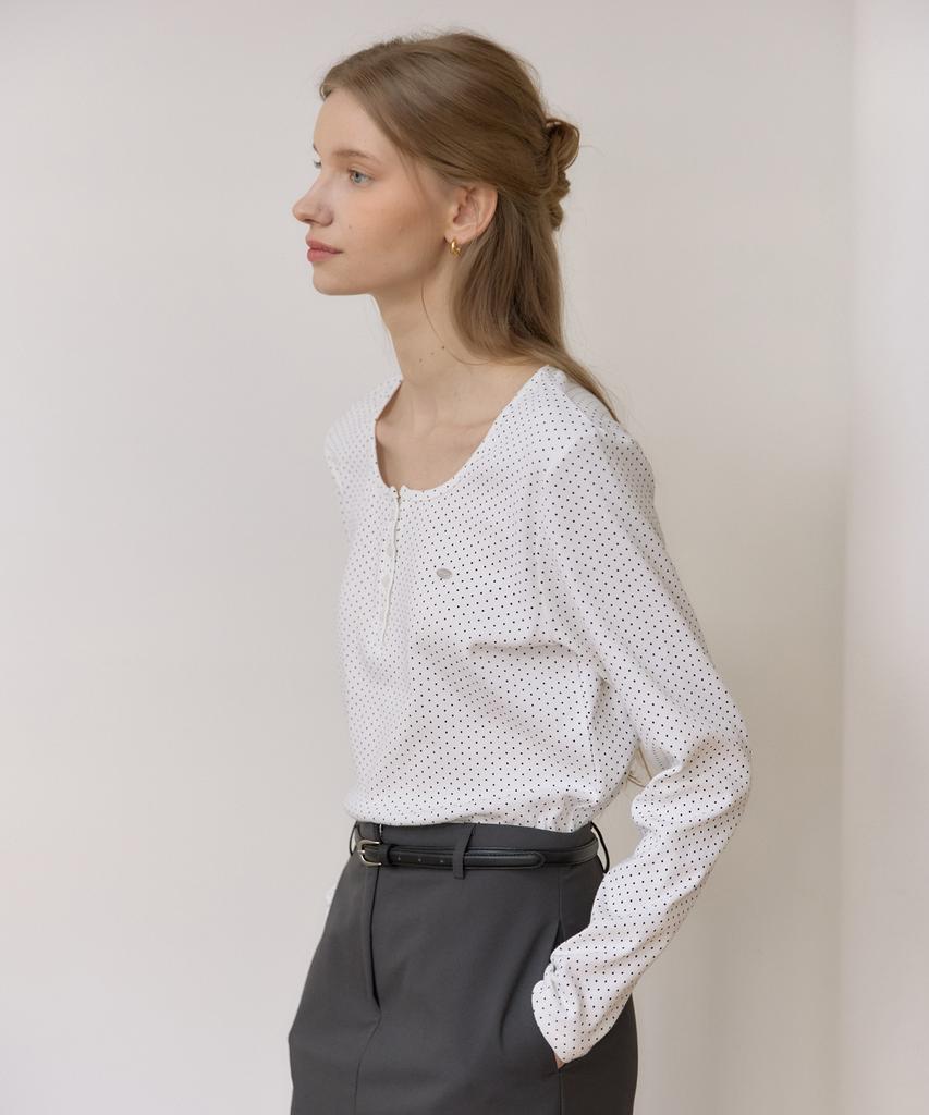 OURHOPE Dot Henley Neck Sleeve T-Shirt - White