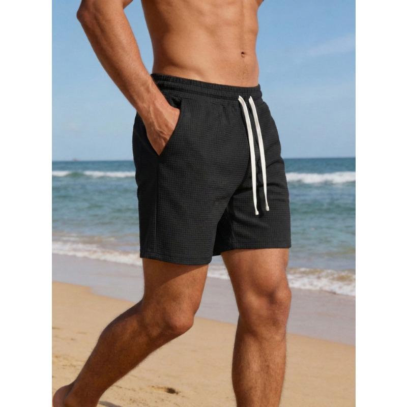 Mens Solid Color Waffle Drawstring Pockets Casual Straight Summer Shorts
