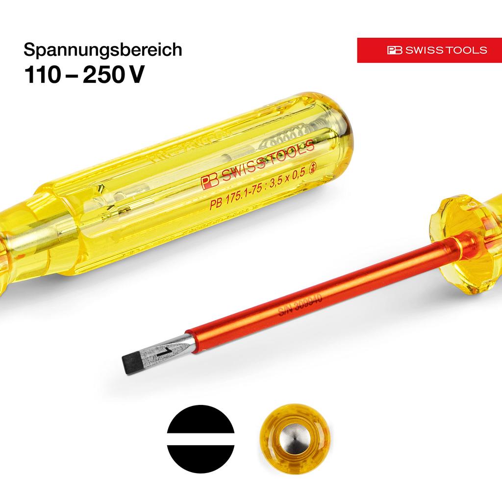 PB SWISS TOOLS Klassischer Griff Stromprüfer Flachkopf Klingenstärke x Klingenbreite Gesamtlänge Schraubendreher, 0,5 mm 3,5 mm, 175 mm, 175.1-75