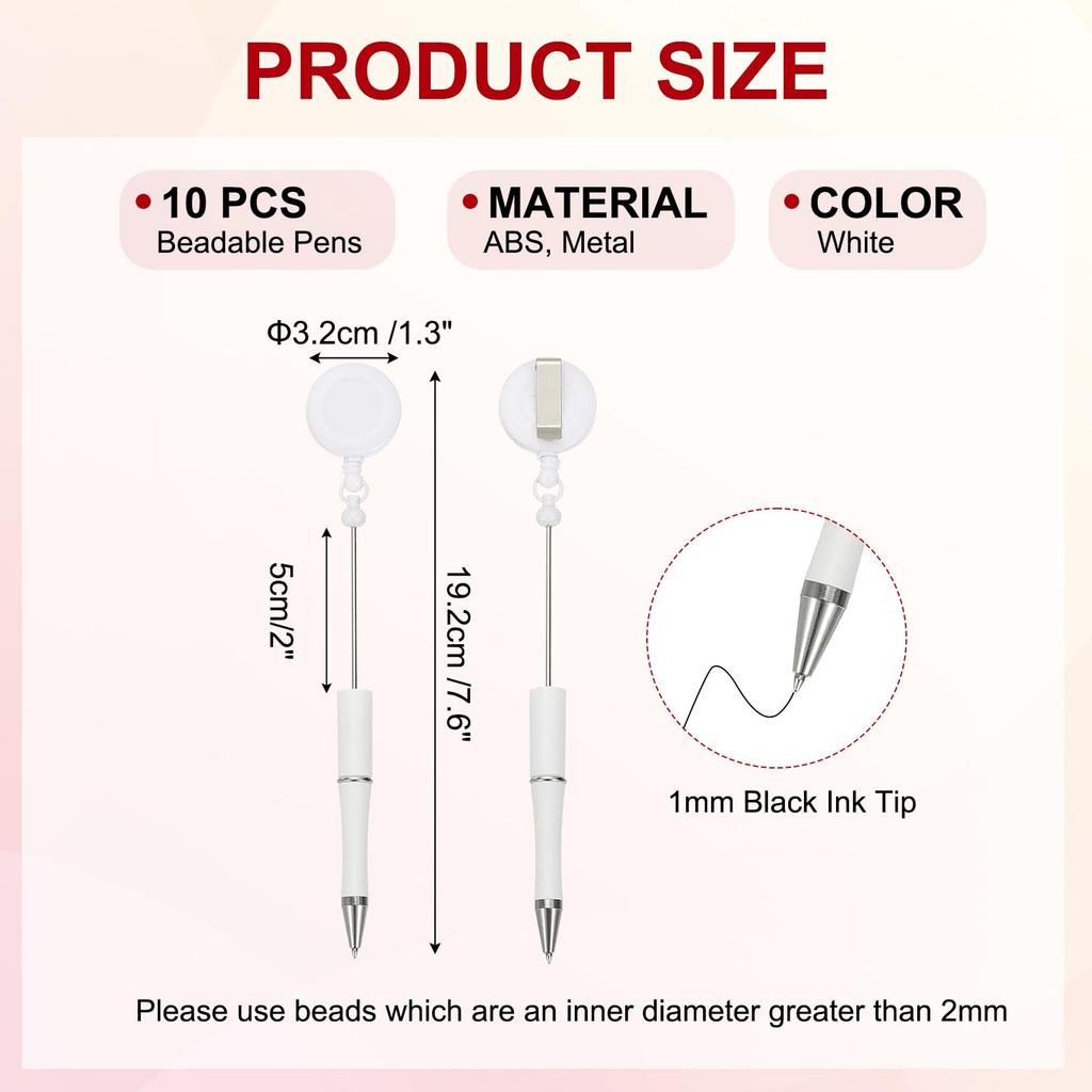 PATIKIL 10pcs Beaded Pens Retractable Badge Reel Beaded Pens Bulk Beaded Ballpoint Pens Black Ink for DIY Making Office Worker Waitress Writing