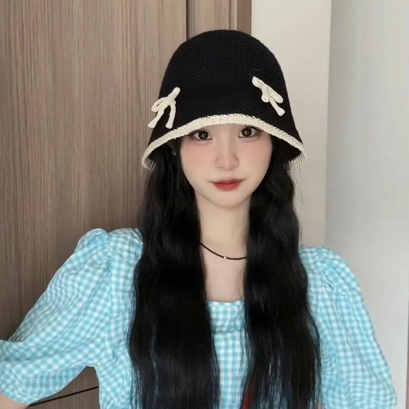 

Sweet bow cotton yarn mesh breathable bucket hat female summer version is good to show the face small bucket hat spring and summer basin hat Adult (56-58cm) чорний