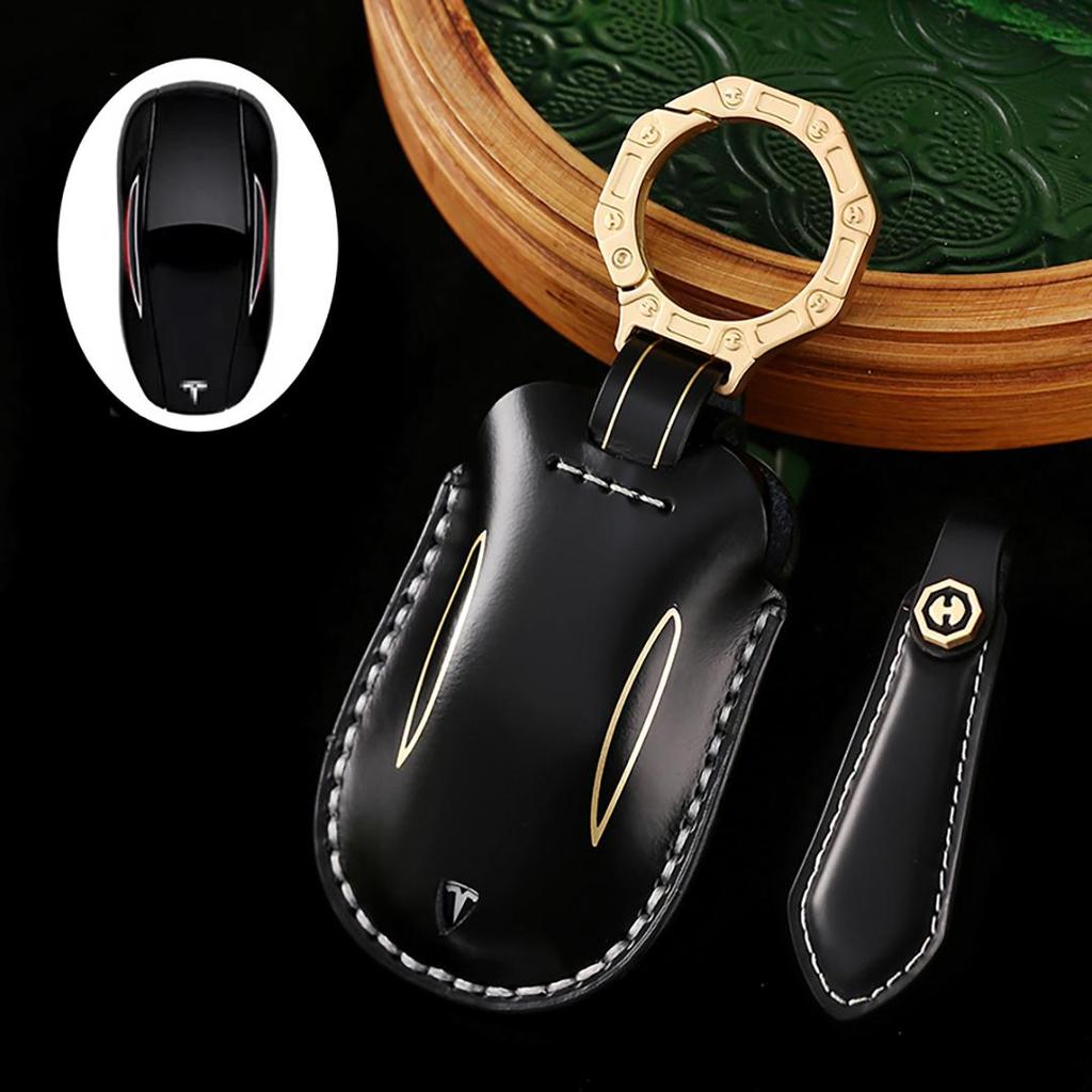 Suitable for Tesla Model Y/3/X Handmade Cowhide High-End Car Key Cover Keychain Car Key Case