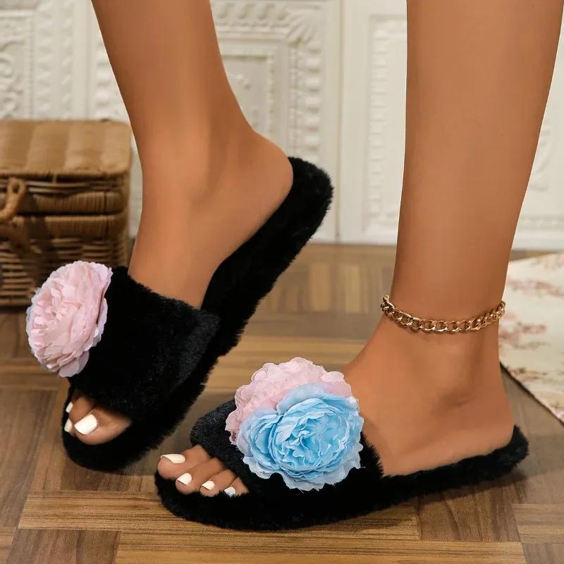 Mode Neue Blume Damen Haus Baumwollpantoffeln Warme Schuhe Flache Schuhe Winter 2024 Neue Mode Lässig Kurzer Plüsch Bequem Zapatos