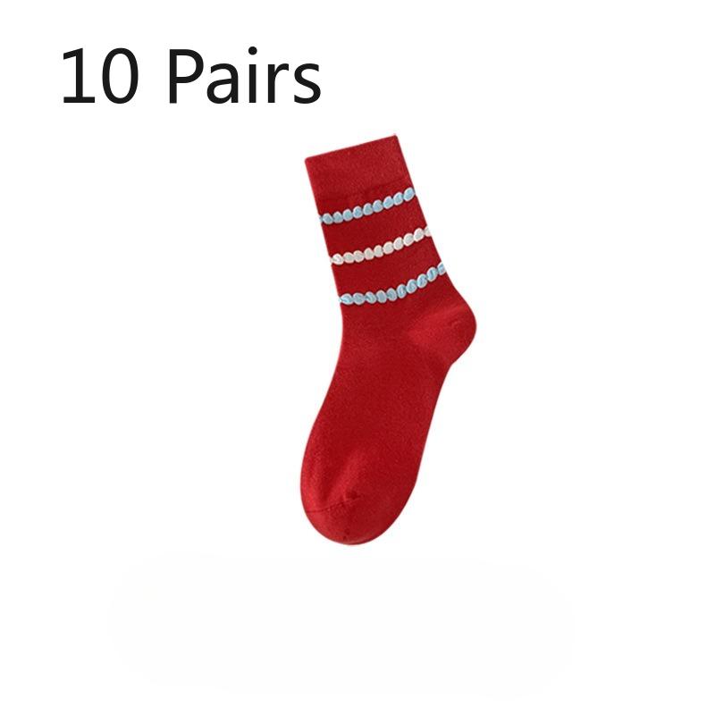 

10 пар милых красных женских носков до середины икры с вышитыми мультяшными котами и студенческих носков на осень 10 pairs