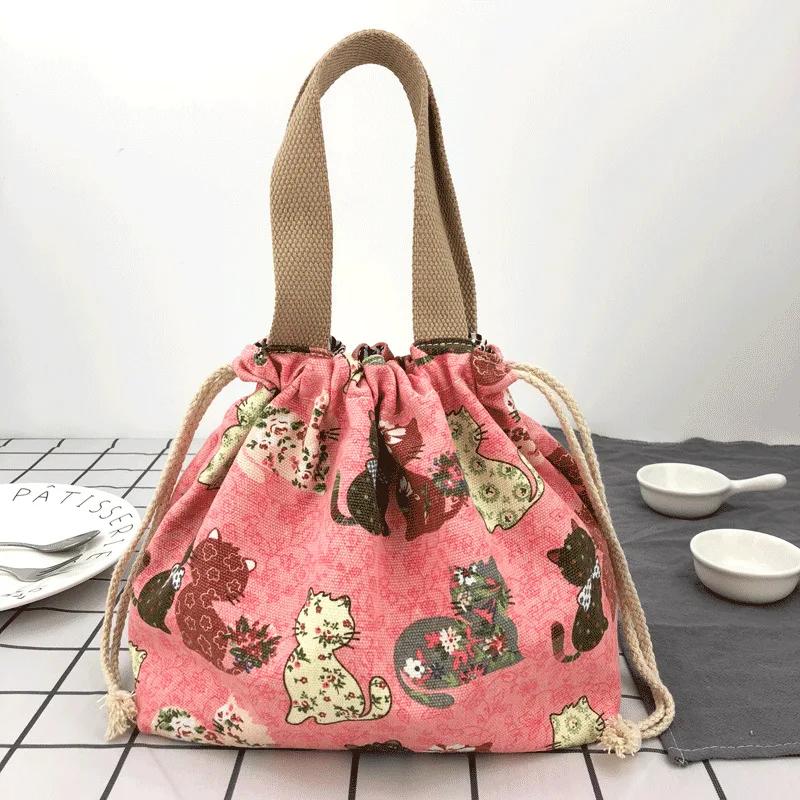 Japanese Cute Bento Bag Handheld Canvas Bag Cartoon Portable Drawstring Cutlery Storage Drawstring Bags for Two Lunch Boxes