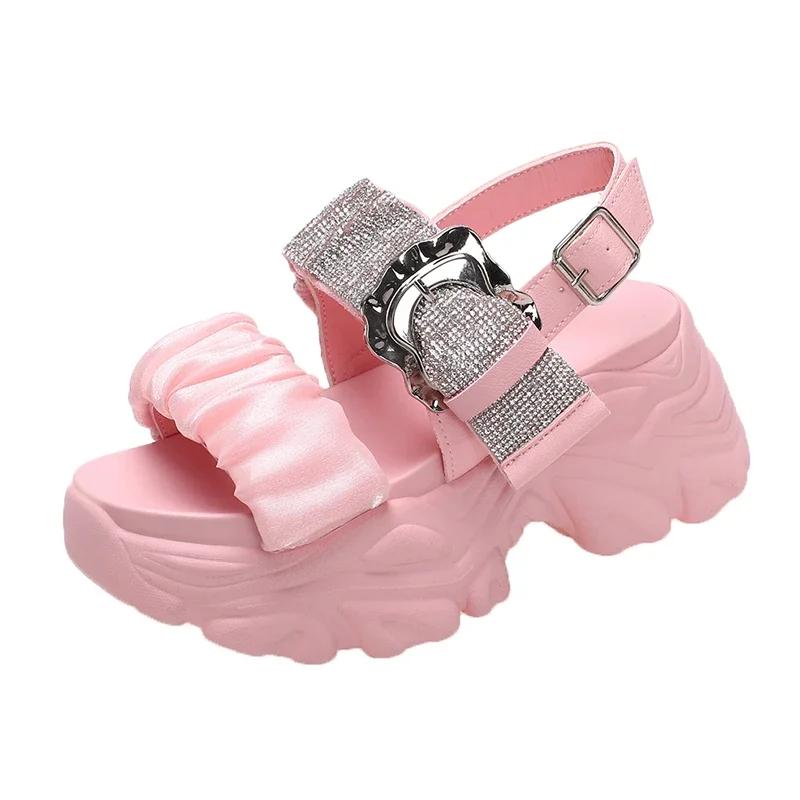 7.5cm Women's Bling Strap Chunky Sandals Summer Thick Bottom Wedges Beach Slippers Woman Fashion High Platform Sandals Mujer