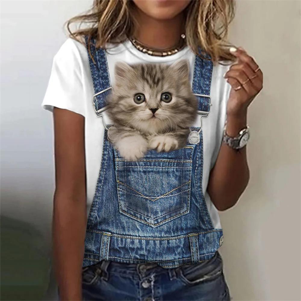 Women's T Shirts Funny 3D Kawaii Cat Print T-Shirts Fashion O-neck Short Sleeve Top Female Y2k Clothing Cute Clothes