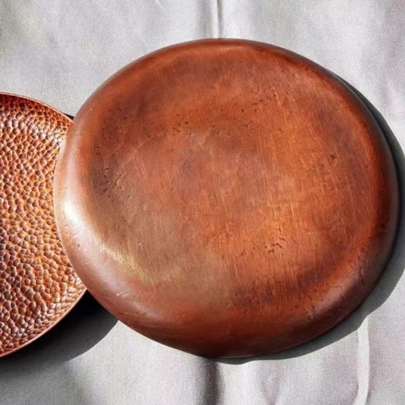Round Shape Red Copper Cheese Tray,Retro Engraving Hammer Texture Home Portable Food Plate,Snack Fruit Disc Table Decorationk