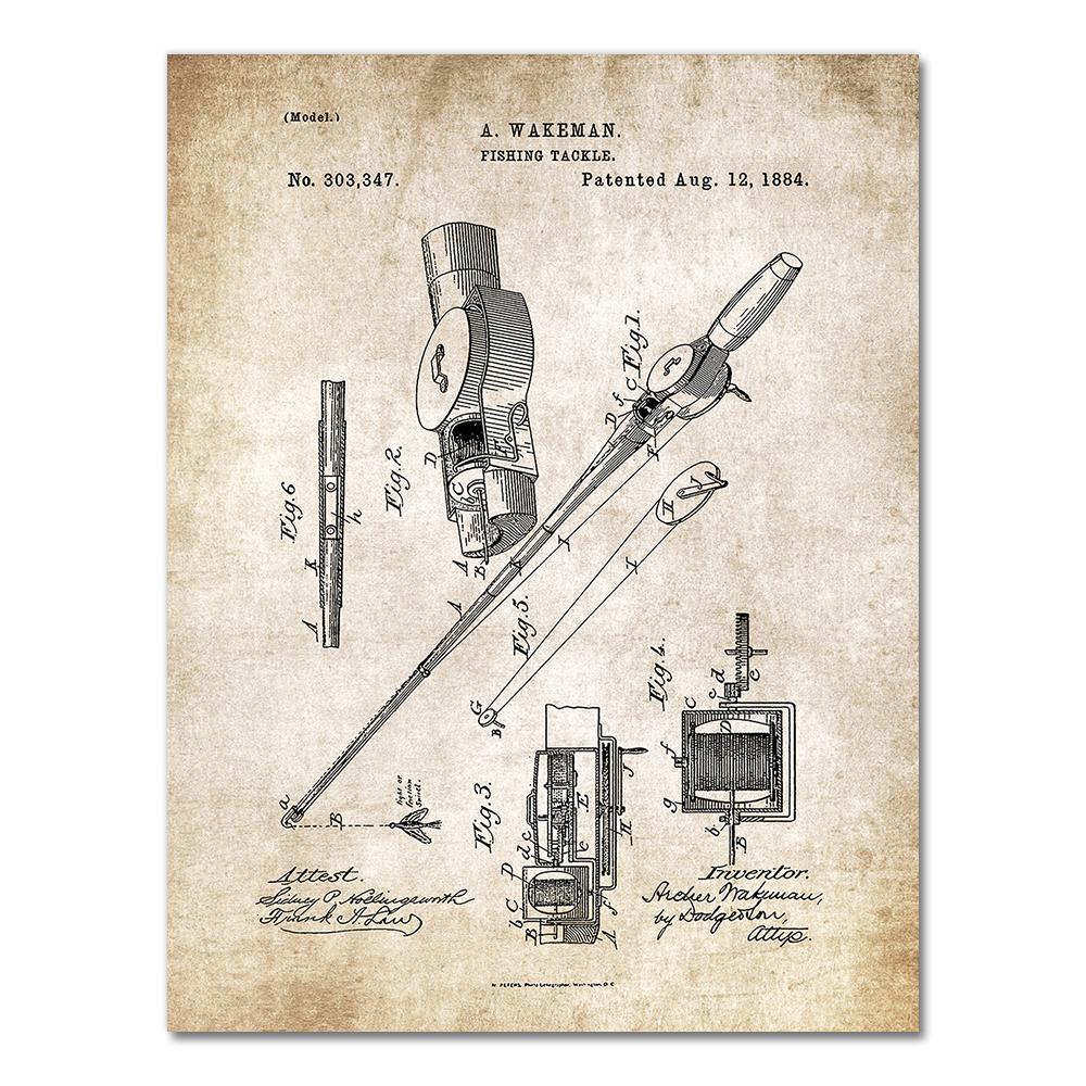 Vintage Fishing Patent Canvas Poster Fishing Tackle Equipment Painting Prints Angling Design Picture Retro Wall Art Decoration