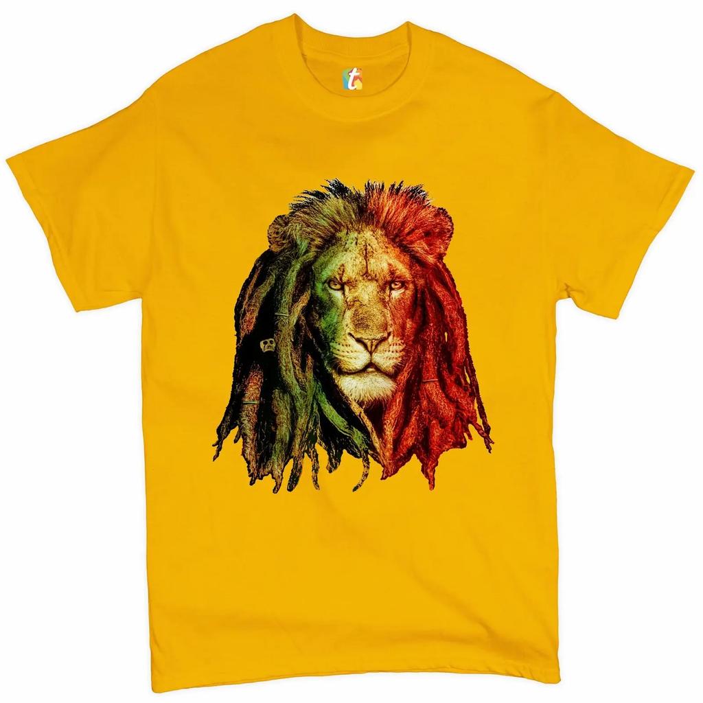 Royal Lion with Dreadlocks Printed Jamaican Reggae Music Lovers T-Shirt New 100% Cotton Short Sleeve O-Neck Casual Mens T-shirt