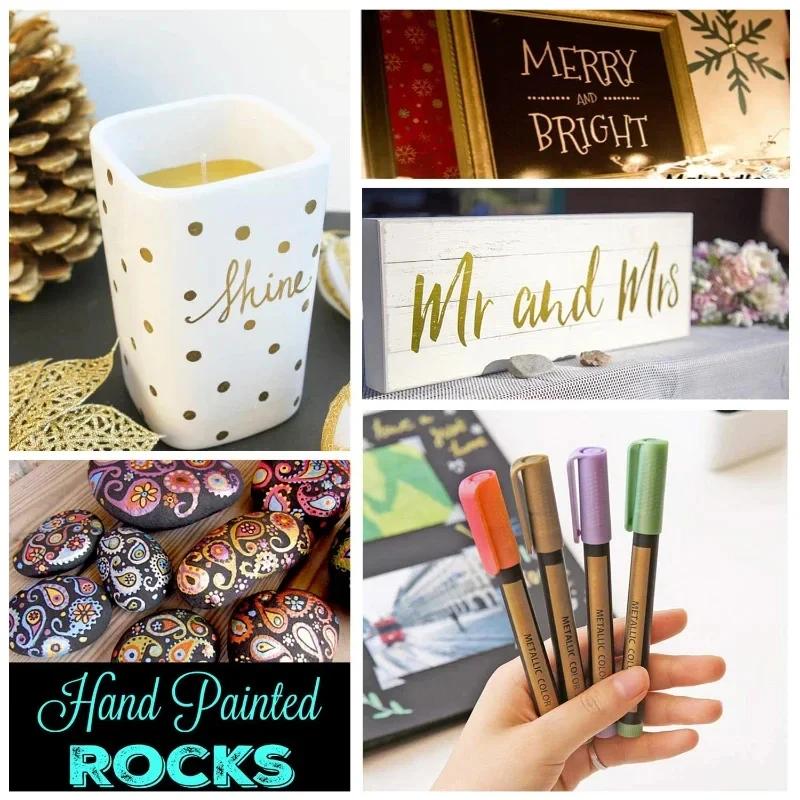 10Pcs Metal Marking Pens, Medium Point Metallic Marker Pens for Rock Painting, Black Paper, Card Making, Scrapbook & DIY Crafts